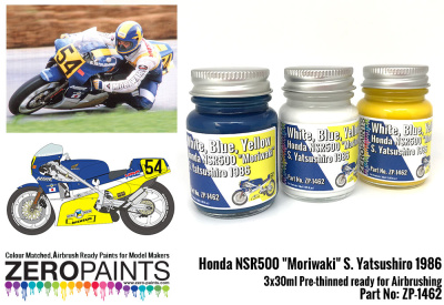 Honda NSR500 "Moriwaki" S. Yatsushiro 1986 Paints - white-blue-yellow 3x30ml - Zero Paints